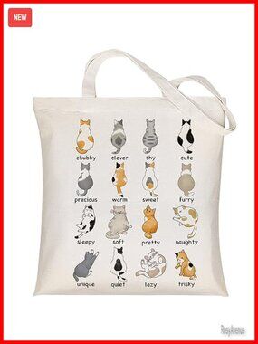 Louise Maelys Canvas Tote Bag Women Cute Cat Zipper Pocket